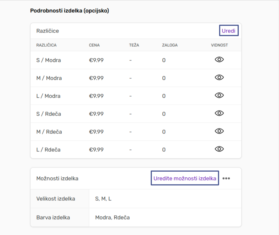 Podrobnosti izdelka - dodatne možnosti izdelka