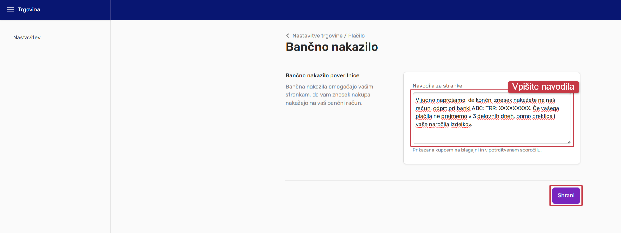 Metoda plačila bančno nakazilo