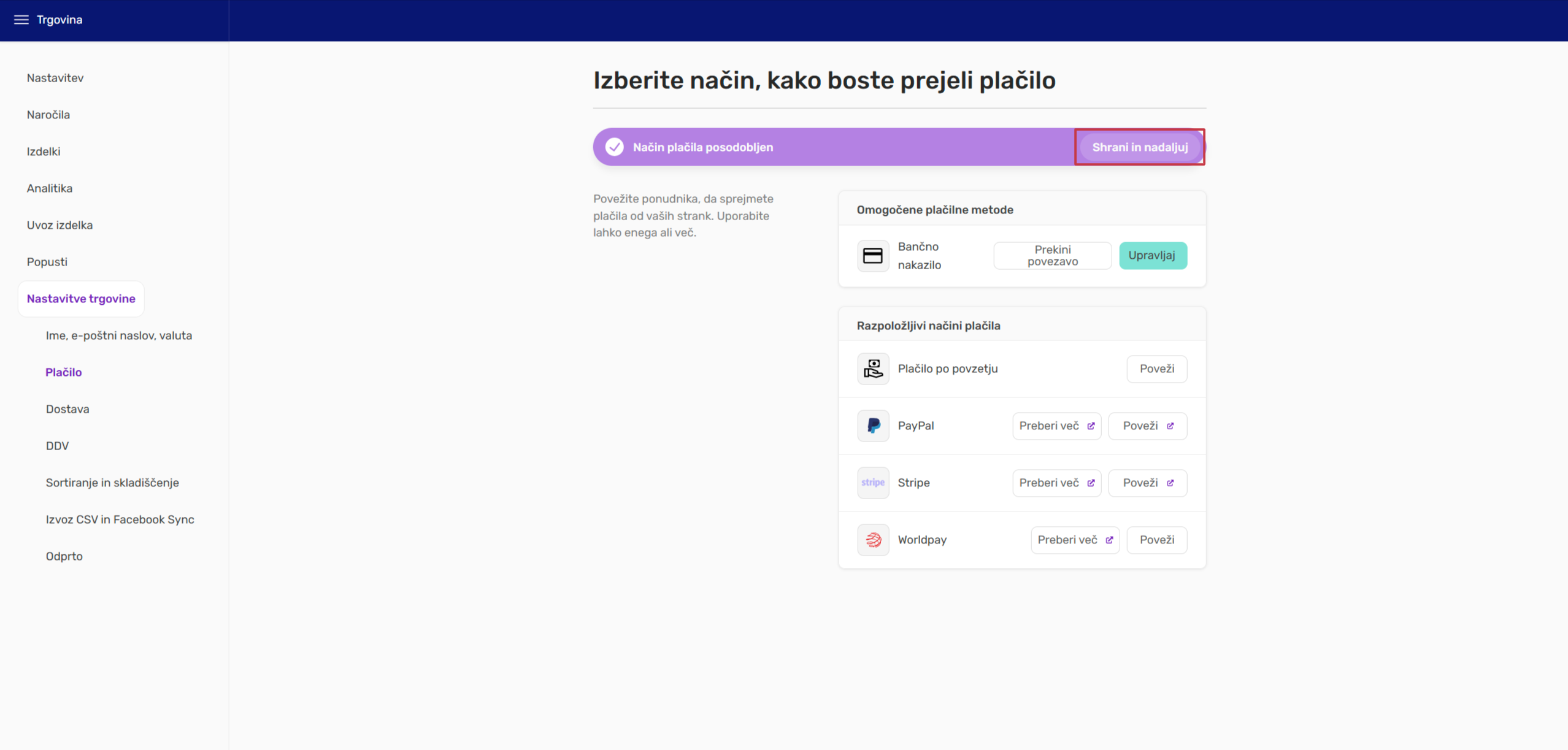Zaključek ureditve plačilnih metod