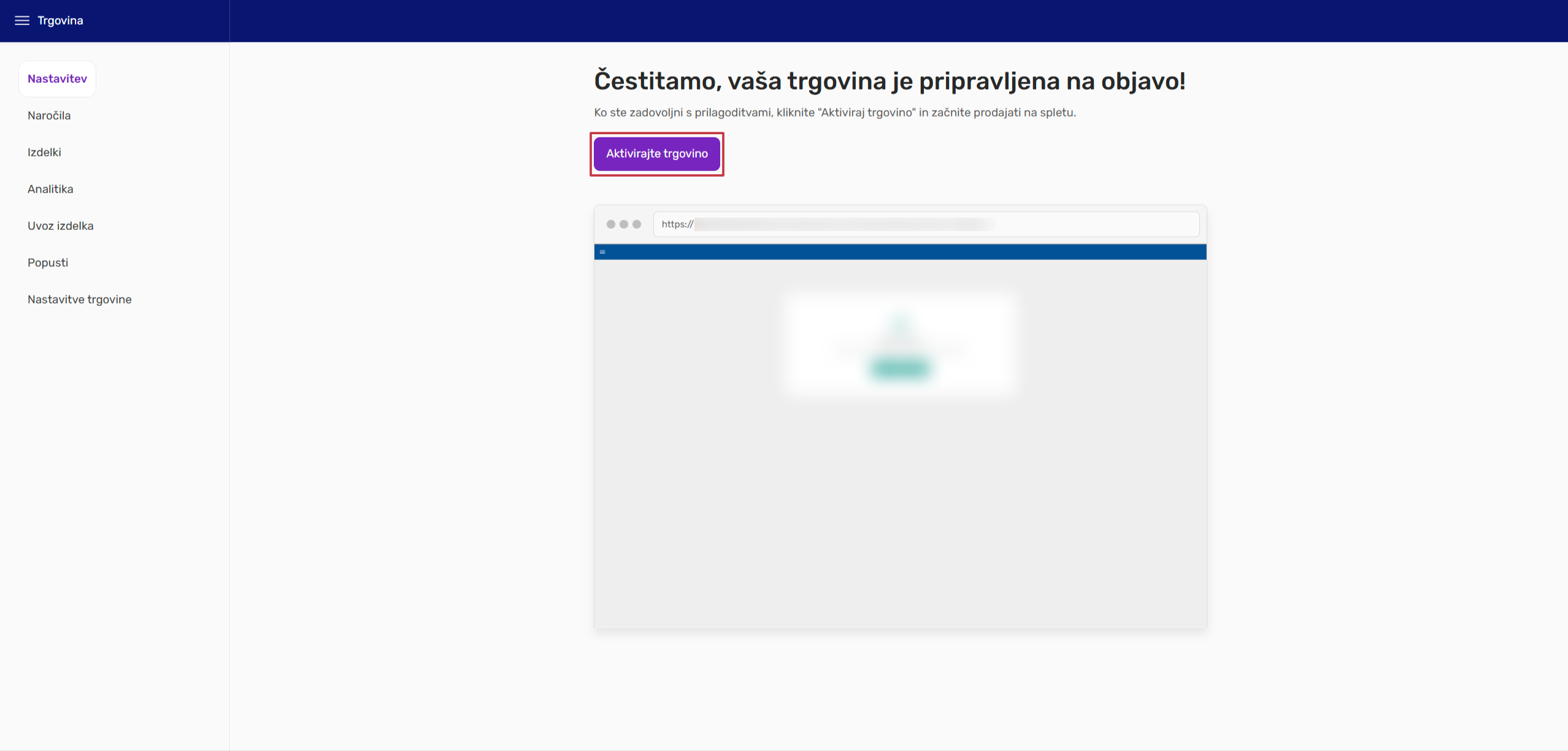 Aktivacija spletne trgovine