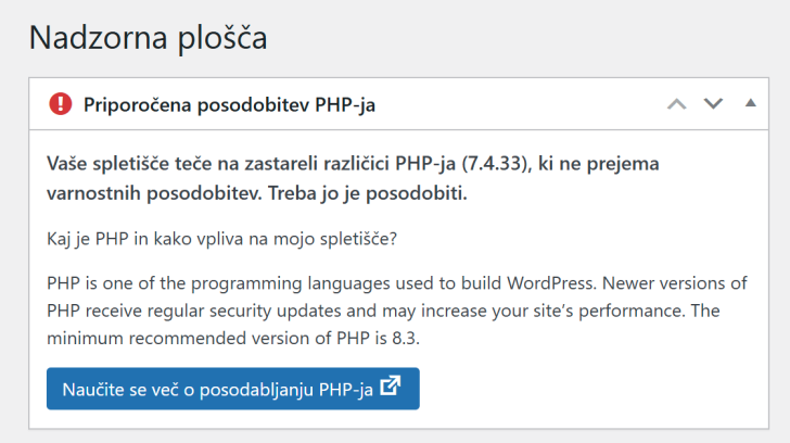 zaslonski posnetek: Posodobitev PHP-ja WordPress opozorilo