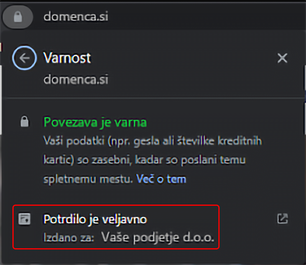 Razširjeni SSL certifikat: v podatkih o potrdilu je izpisano podjetje