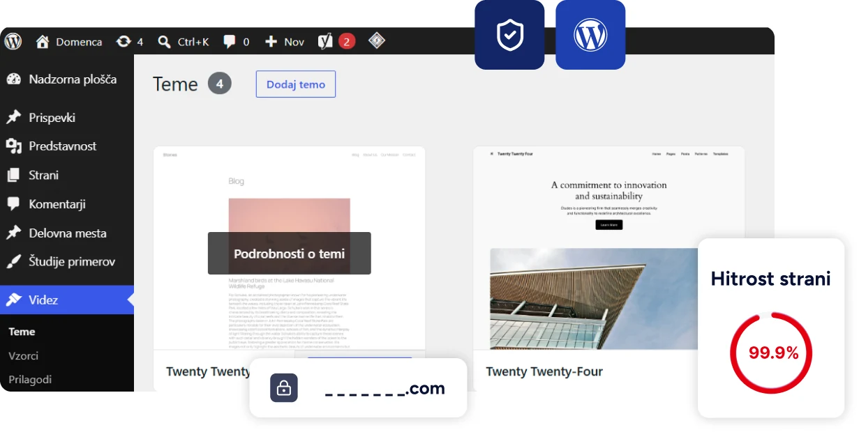Spletno gostovanje Domenca: nadzorna plošča WordPress, zaščita SSL in hitrost strani 99,9 %
